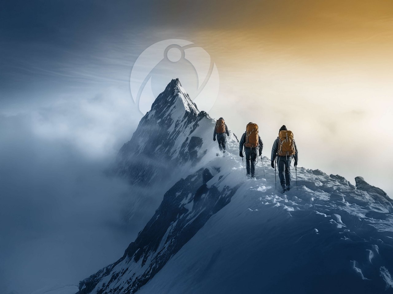 Symbolisches Keyvisual der VOLTATRON AG: Drei Bergsteiger mit orangefarbenen Rucksäcken erklimmen einen verschneiten Gipfel im Morgenlicht. Im Hintergrund erscheint das stilisierte Emblem des neuen VOLTATRON-Logos. Das Motiv steht für technologische Spitzenleistung, Teamgeist und den gemeinsamen Aufstieg zu neuen Dimensionen – ein Beteiligungsunternehmen der JIAOGULAN Holding AG.